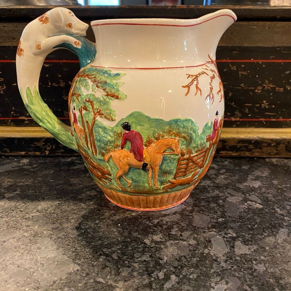 Wedgwood English Hunt Scene With Hound Handle Pitcher 8”